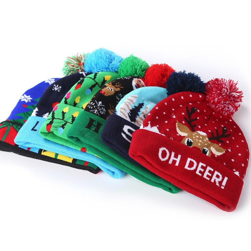 Christmas Lighted Knit Cap Flange Ball Knit Cap LED Colorful Cap Adult Child Hat Letter Pattern