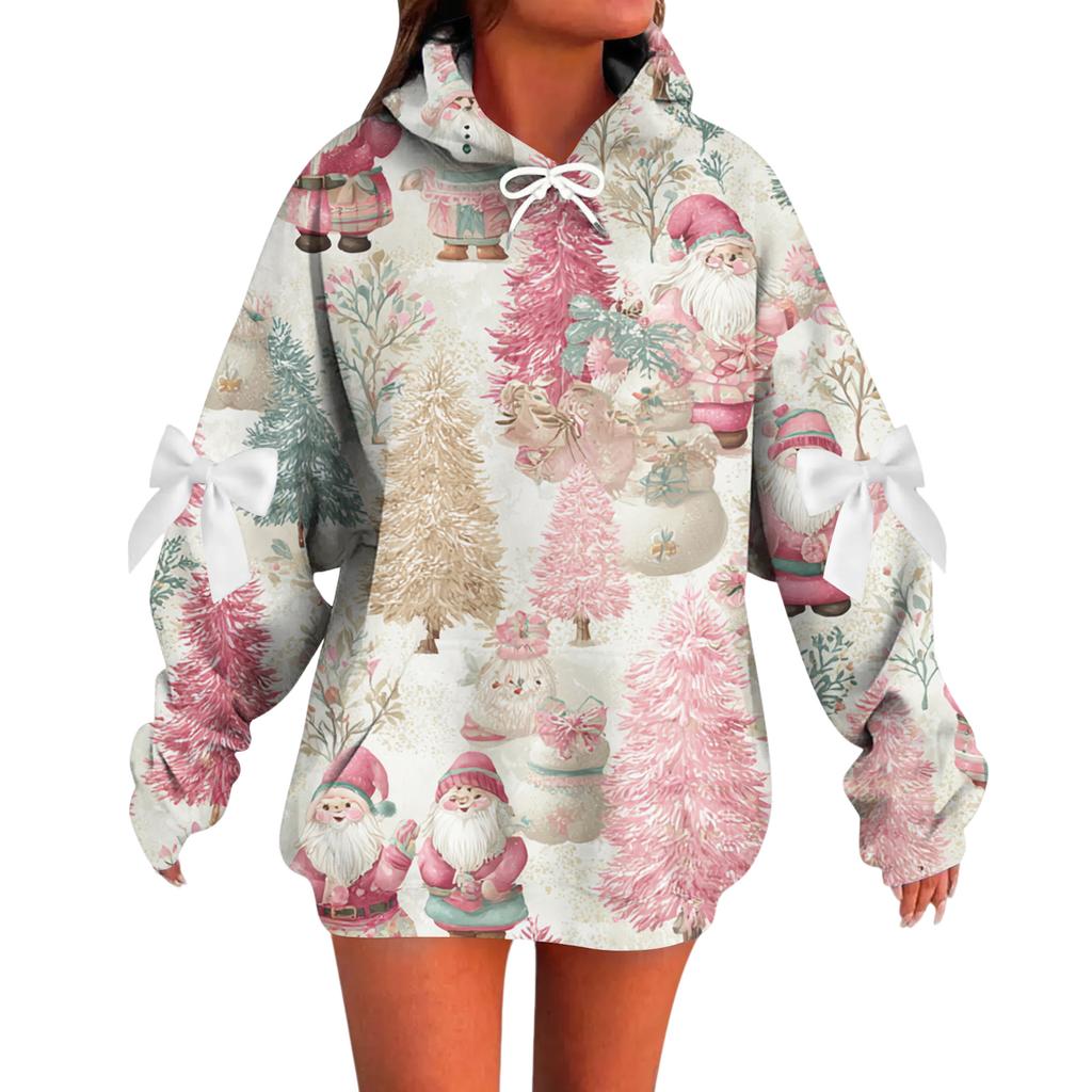 Ladies' Christmas Printed Bow Long Sleeved Loose Fitting Headband With Rope Hooded Sweatshirt Top