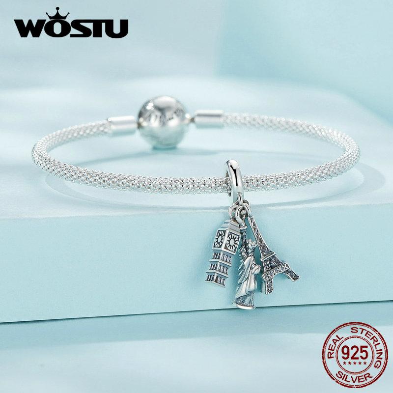 WOSTU Retro 925 Sterling Silver Travel World Eiffel Tower Charms Big Ben Pendant Vintage Elephant Bead Fit DIY Bracelet Necklace
