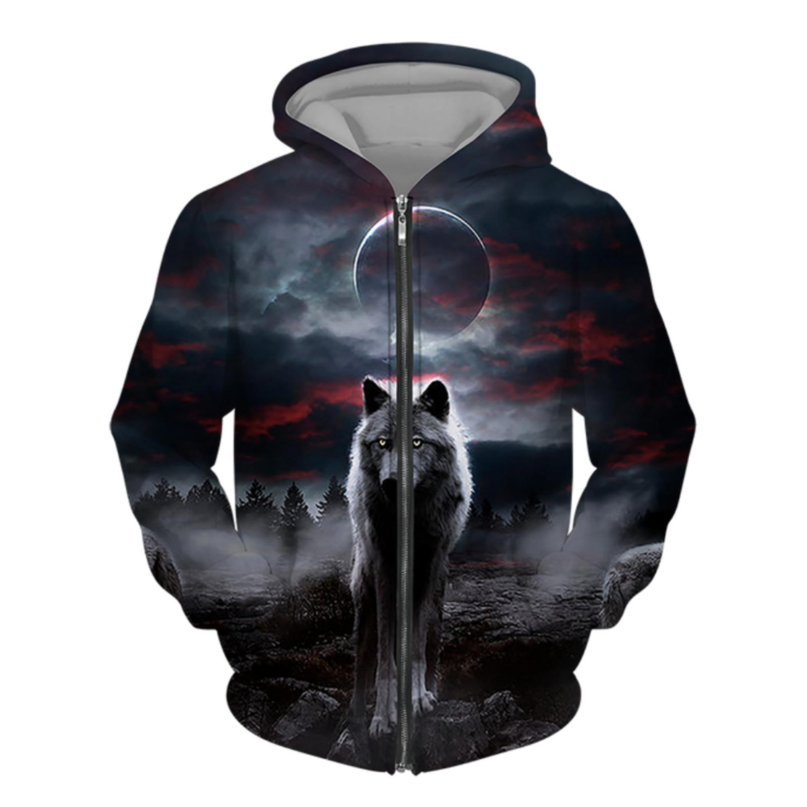 

Мужская толстовка с 3D принтом волка для пар с капюшоном и длинным рукавом для женщин, свободная толстовка на молнии больших размеров S
