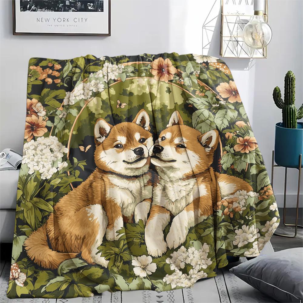 Shiba Inu and Leaves Pattern Flannel Blanket, High Quality Comfortable for All Seasons, Home Decor, Warmth and Comfort, Perfect for Gifts.