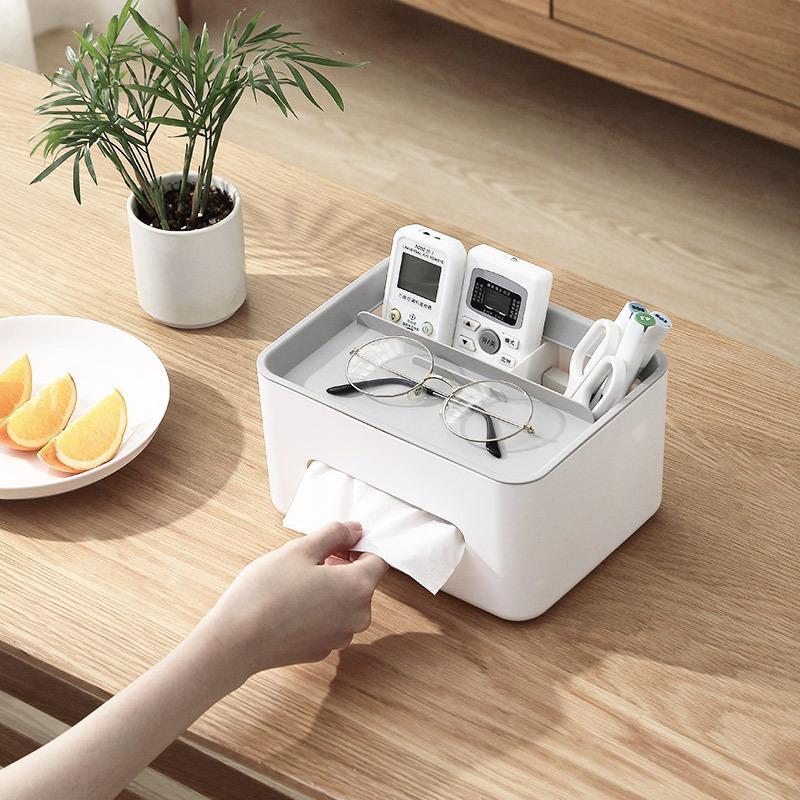 Modern Minimalist Multifunctional Desktop Tissue Box with Top Storage Compartment Home Remote Control Phone Glasses Organizer Household Goods