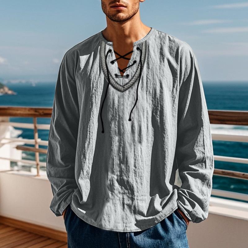 Spring and Autumn New Loose Pullover Retro Ethnic Style Casual Long-sleeved Shirt Cotton Linen Stand-up Collar Male