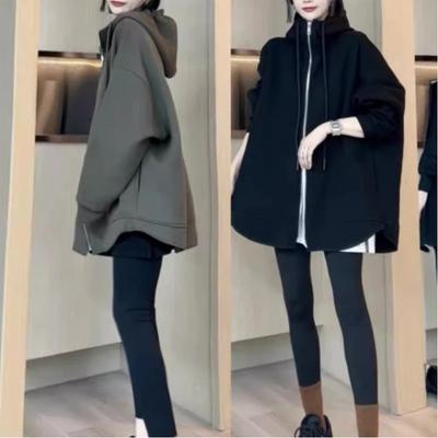 Automne Hiver Nouveau Style Mode Vêtements pour Femmes Cardigan Lâche Coupe Ajustée à Capuche Cordon de Serrage Double Fermeture Éclair Mi-longueur Sweat à Capuche Manteau