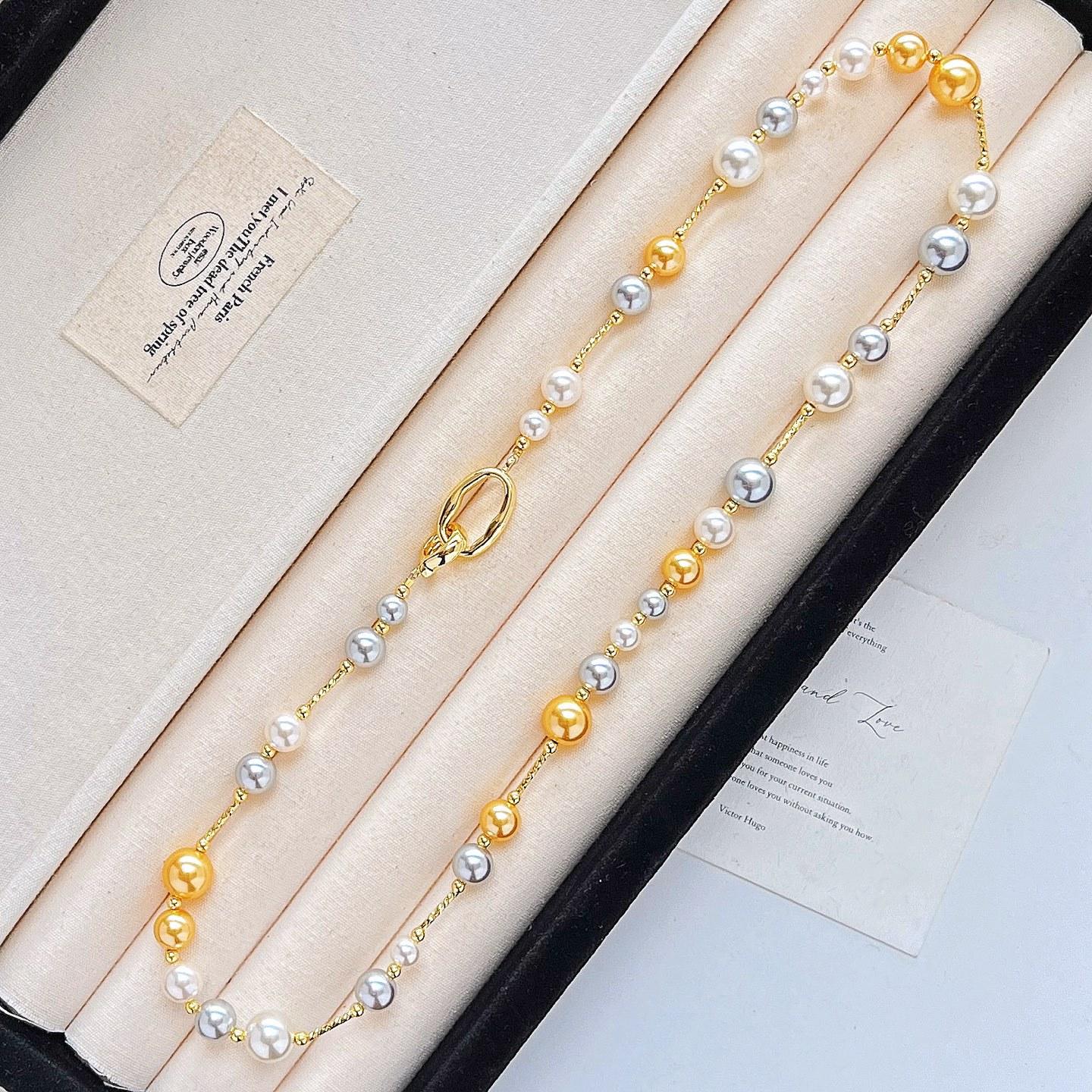 Autumn And Winter Maillard High-Gloss High-Quality Mixed-Color Shijia Pearl Collarbone Chain Sweater Chain Necklace Female
