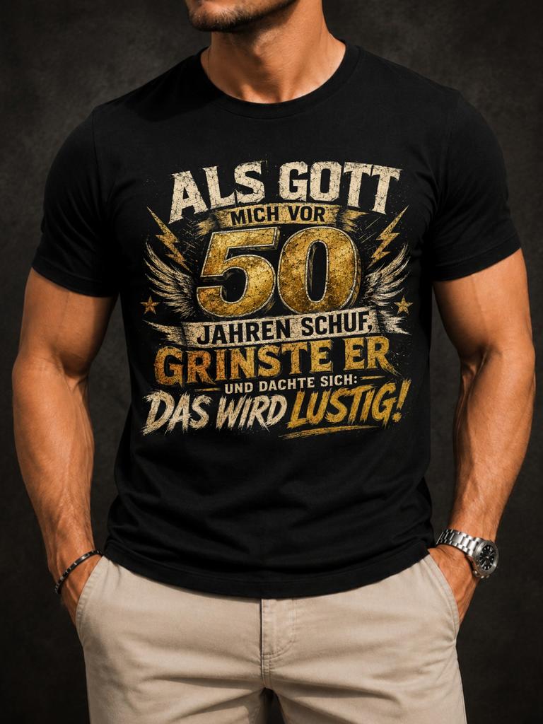 Gerunisex 50th Birthday With Distressed Gold Wings Lightning Marks And Als Gott Mich Vor 50 Jahren Unisex All TShirt