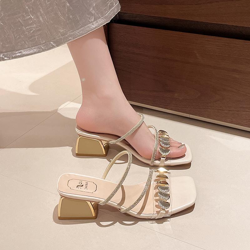 2025 New Women's Fashionable Rhinestone High-heeled Sandals Summer Women's Sexy Sandals Women's Leather Sandals Plus Size