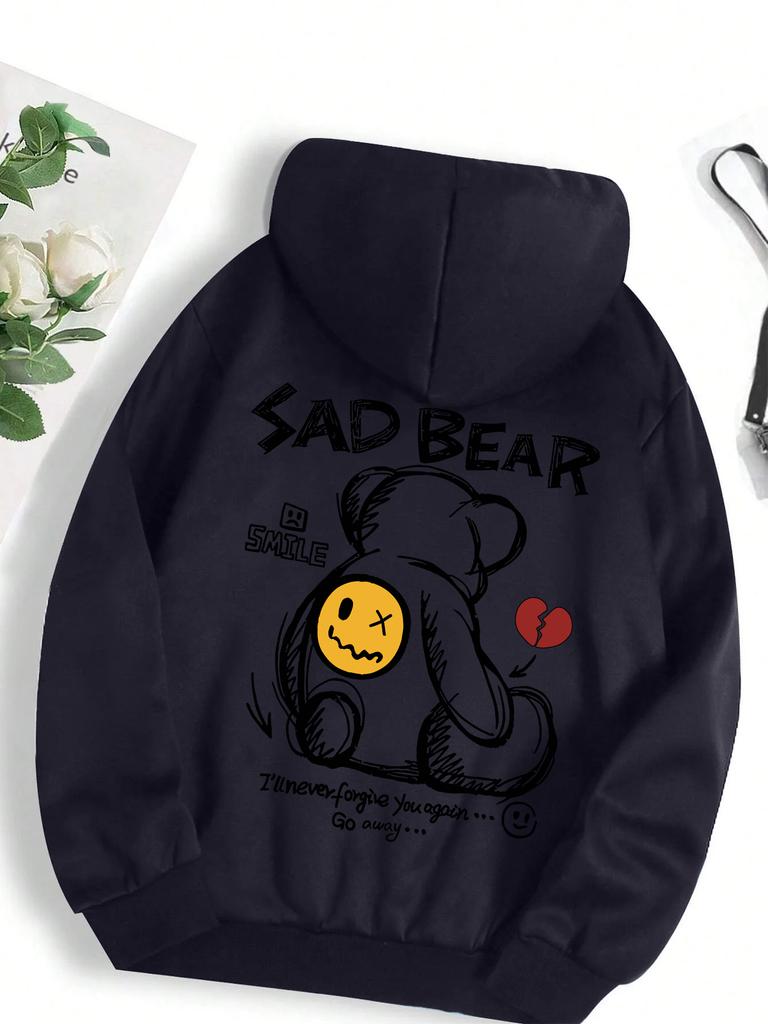 Funny Bear Cartoon Pattern Print Women Hoody Pocket Basic Versatile Top Hip Hop All-Match Comfortable Hoodie Fleece Clothes