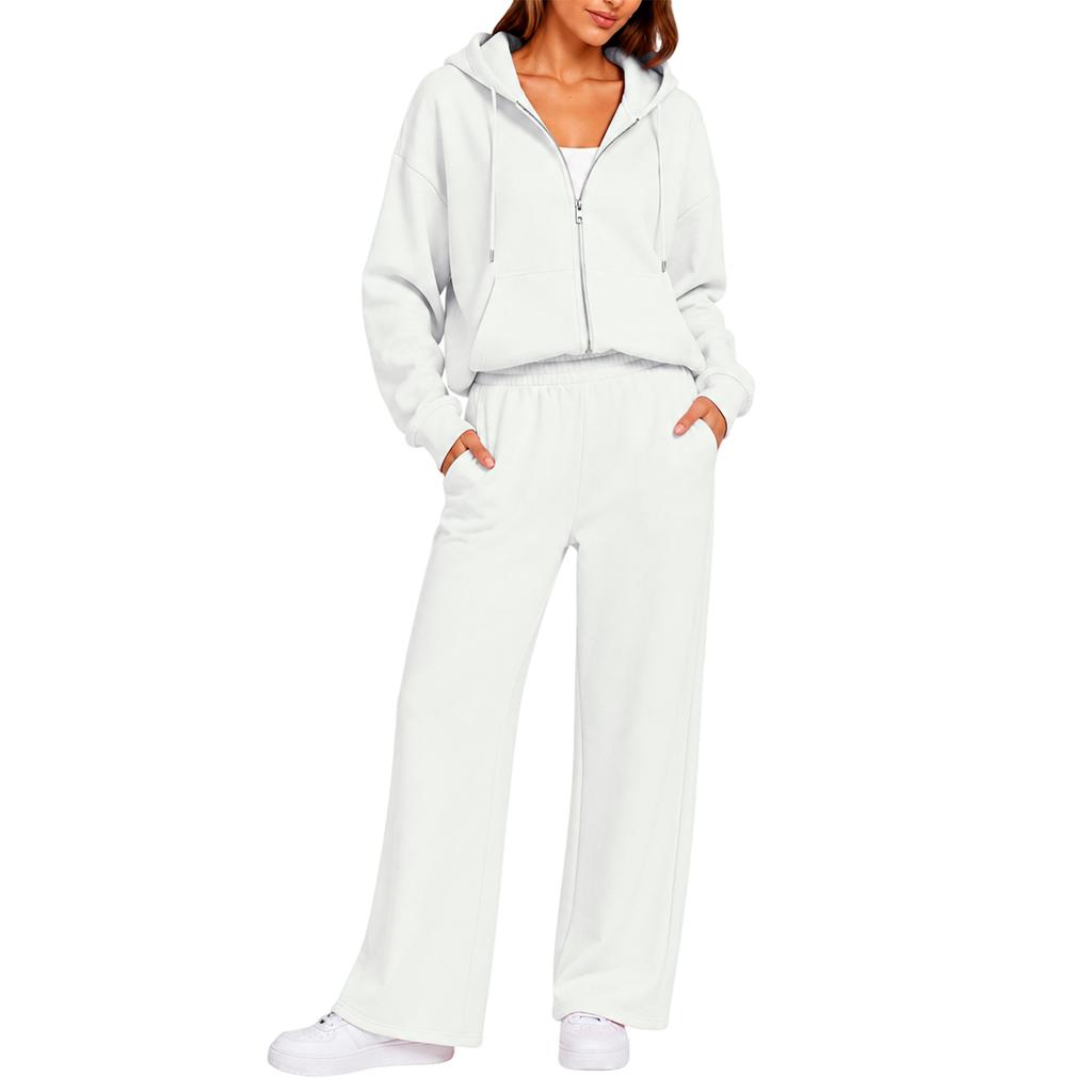 Completo Casual da Donna a Due Pezzi con Cardigan con Zip e Cappuccio e Pantaloni a Gamba Larga