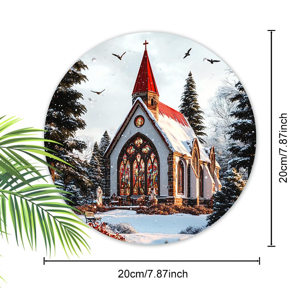 Winter Snow Church Scene Round Wooden Hanging Sign, 2D Flat Printed Wall Door Ornament, Christmas Home Porch Holiday Decor Gift