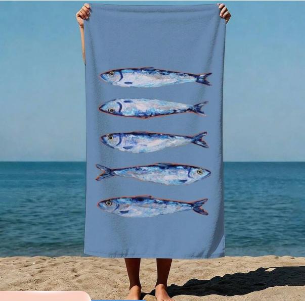 Blue Whale Ocean Theme Starfish Pattern Retro Illustration Style Beach Towel Large Sand Proof Beach Swimming Pool Travel Towel