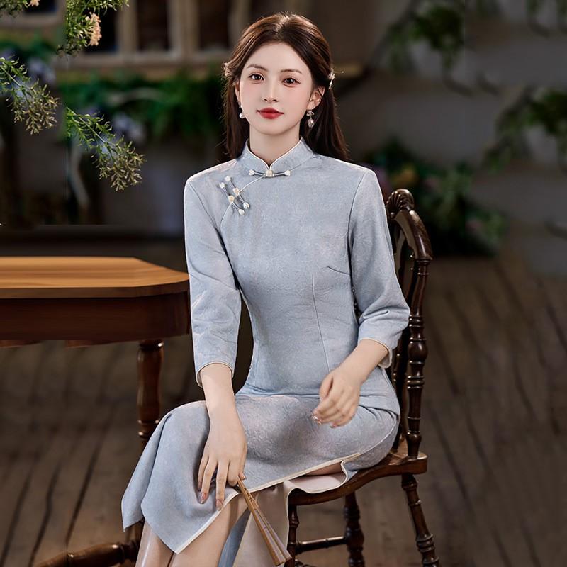 Elegant Long Sleeve Qipao Dress Women Vintage Chic Lace Maxi With Mandarin Collar Stylish Fit