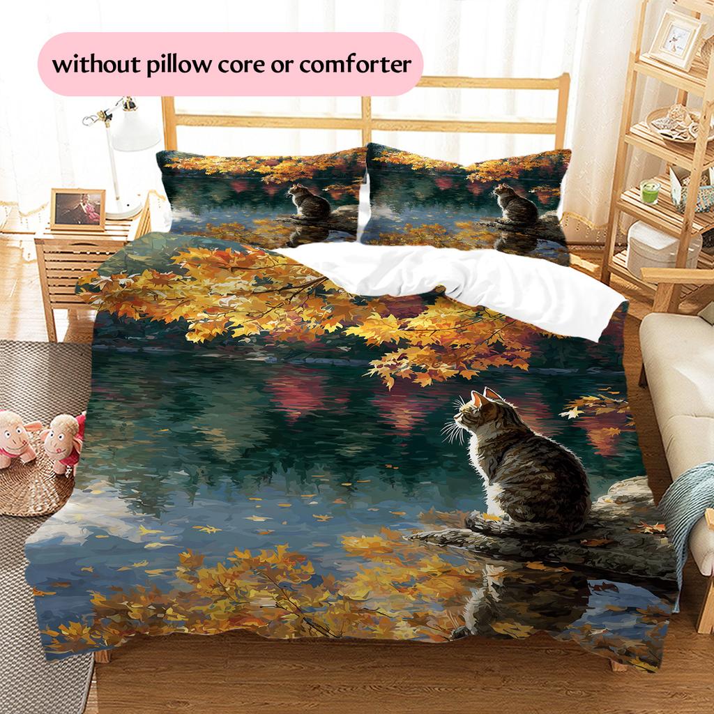 Autumn Leaf Cat Pattern Bedding Quilt Set Quilt Cover Pillowcase Home Decoration Gift (1 * duvet cover + 2 * pillowcase, without core)