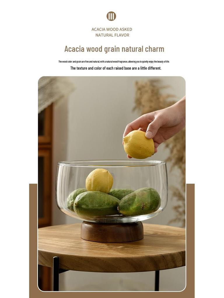 Acacia Wood High-Footed Glass Fruit Bowl and Storage Dish