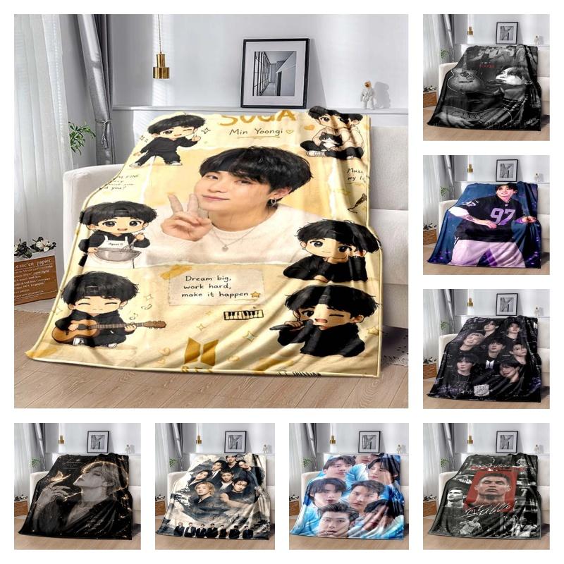 BTS Suga Min Yoongi Cartoon Collage Flanell Überwurfdecke Weich Warm Sofa Bettbezug Für Kpop ARMY Fans Schlafzimmer Heimdekoration Geschenk