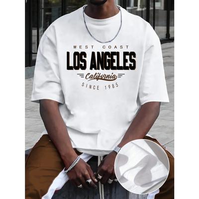 Pamuklu Yaz Erkek %100 Pamuklu Rahat Günlük Bol Büyük Beden LOS ANGELES Baskılı Spor Yuvarlak Yaka Kısa Kollu Tişört Üst