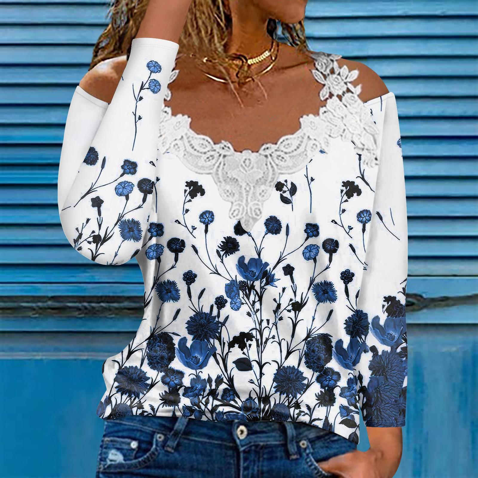 Модный кружевной пуловер с V-образным вырезом, длинный рукав, цветочный принт, повседневная футболка XL