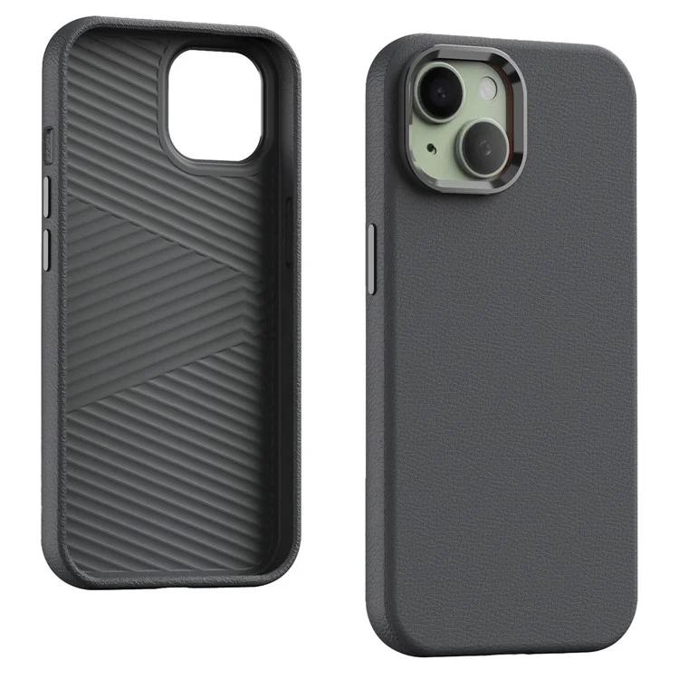 

For iPhone 15 Plus Case Leather Covered Hard PC Phone Shell with Metal Lens Frame