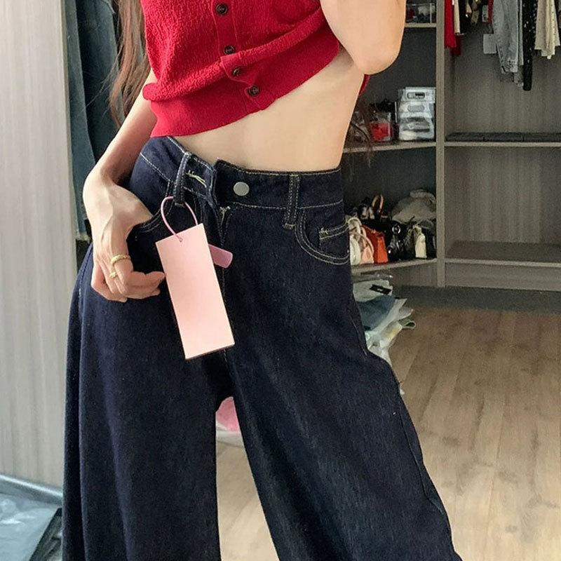 Women's Cowboy Straight Leg Pants High Waisted Versatile Deep Blue Loose Wide Leg Jeans