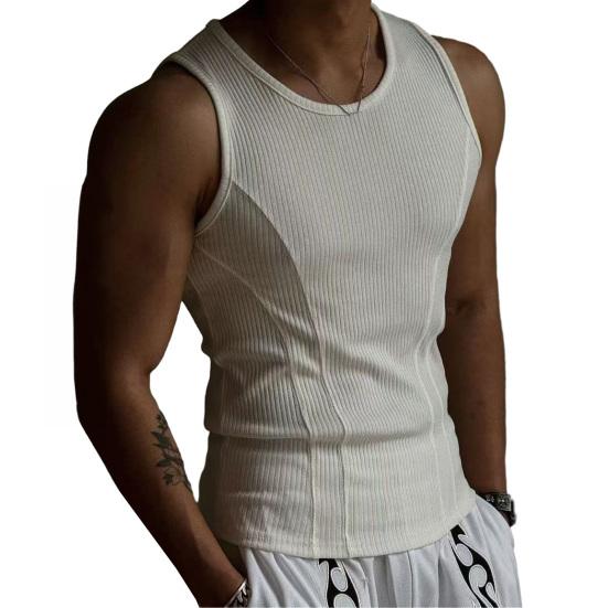 

Summer Men Tank Top Ribbed O-Neck Sleeves Shirt Breathable Solid Color Slim Fit Stretch Casual Gym Sports T-shirt M белый