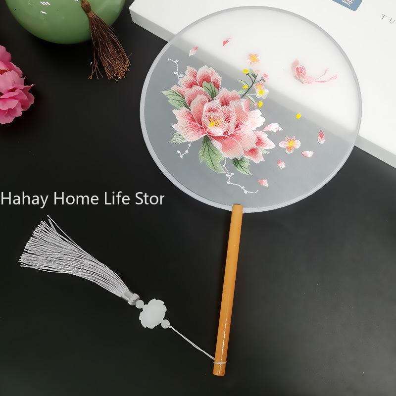 Fashion Chinese Style Wooden Handle Fan Embroidery Flower Girl Gift Portable Home Decor Hand Fans Crafts Dance Fan