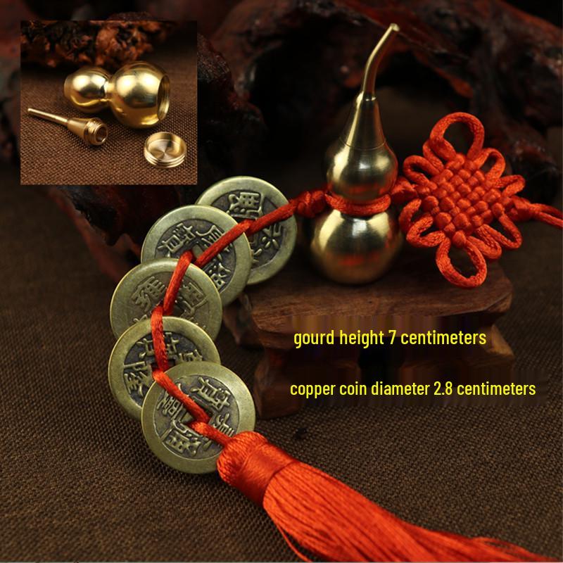 Red String Chinese Knot Copper Gourd & Five Emperors Coins Hanging Ornament for Home or Car