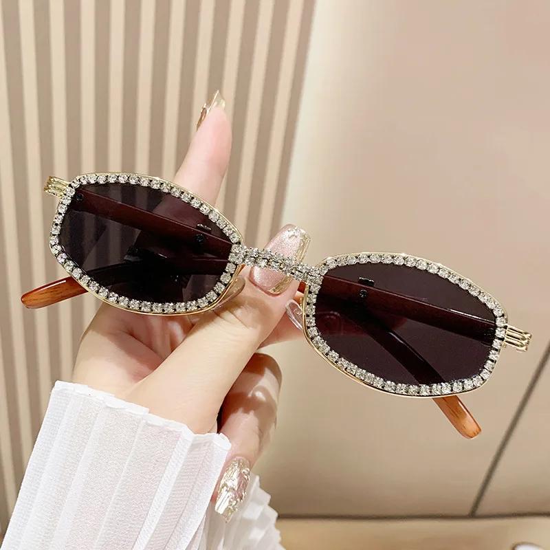 Oval Vintage Diamond Sun Glasses For Men  Women  Wood Grain Temple Sunglasses Outdoor Leisure UV400 Eyewear