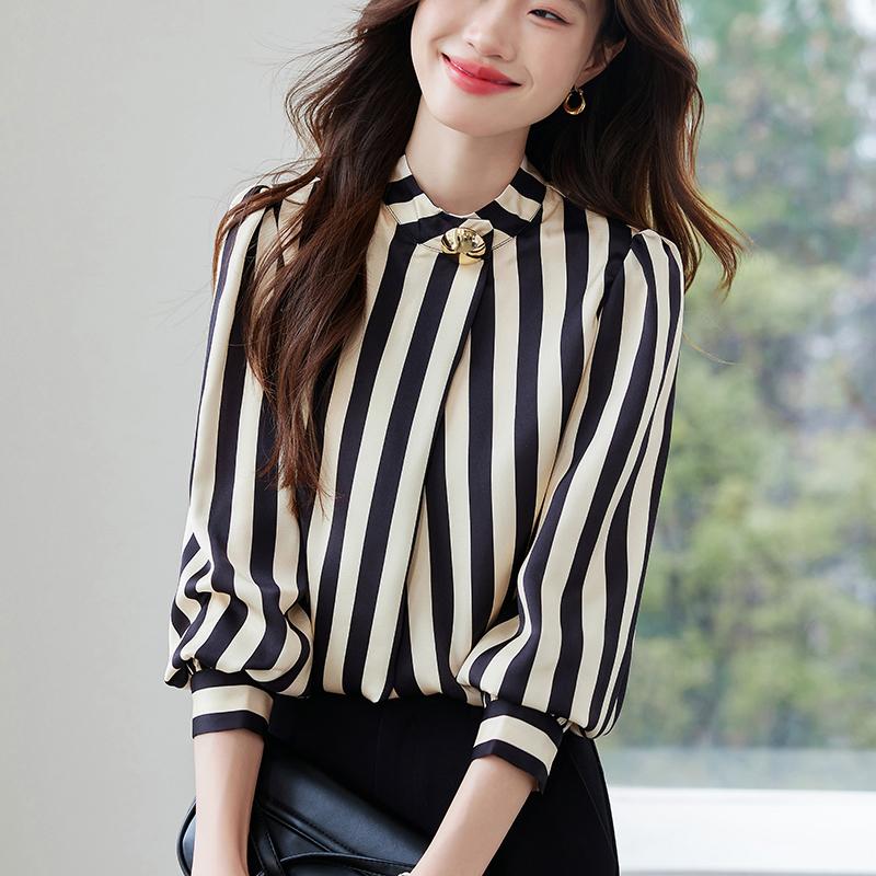 Women Blouses Shirts 2025 Spring Long Sleeve Women Blouse Shirt Stand Collar Striped Blouse Shirt Women Tops J907