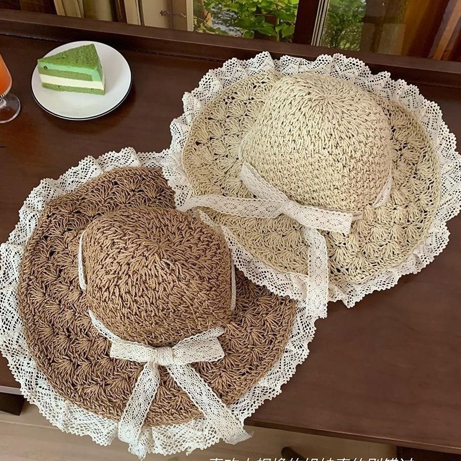 Porridge Cocoa Lace Bow Straw Hat Hollow Seaside Hat Women's Summer Vacation Straw Visor Beach Hat