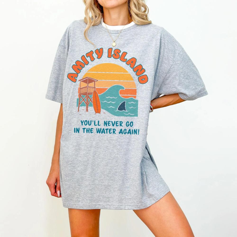 Amity Island Beach TShirt Cult Summer Horror Souvenir Tee Clothing Graphic Short Sleeve Shirt Unisex Unisex Women AllSeason