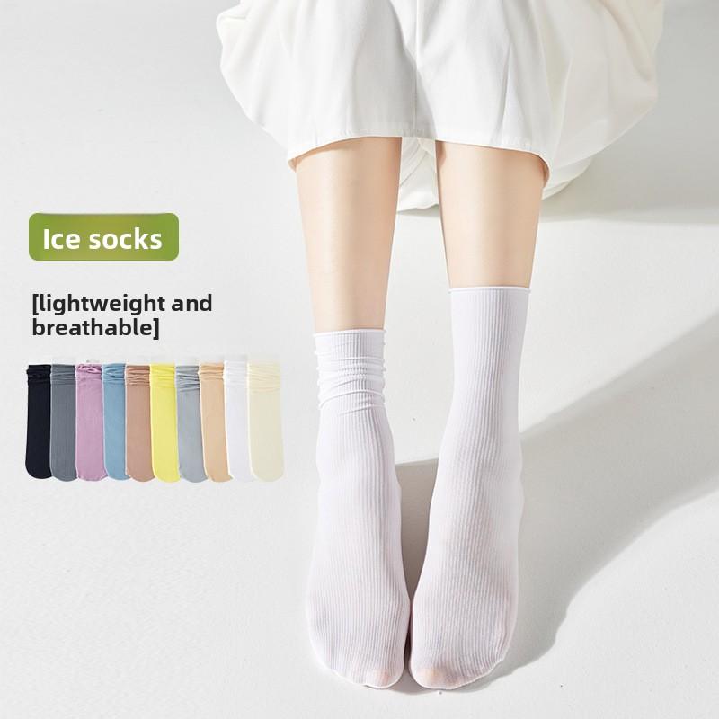 Female Spring and Summer Thin Pure Color All Build in The Tube Stack Socks