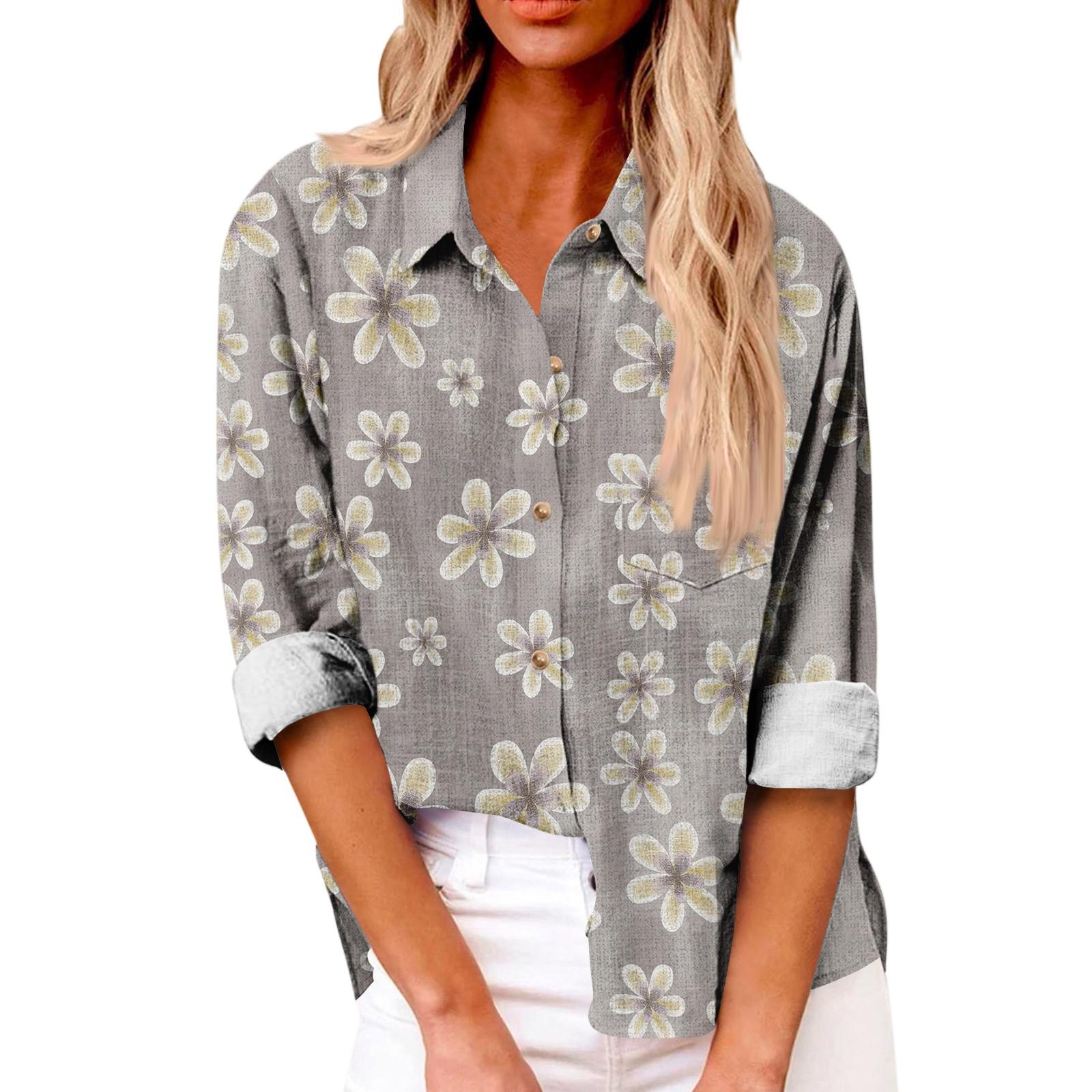 Women s Loose Floral Print Stand Collar Long Sleeve Cotton And Linen Top M