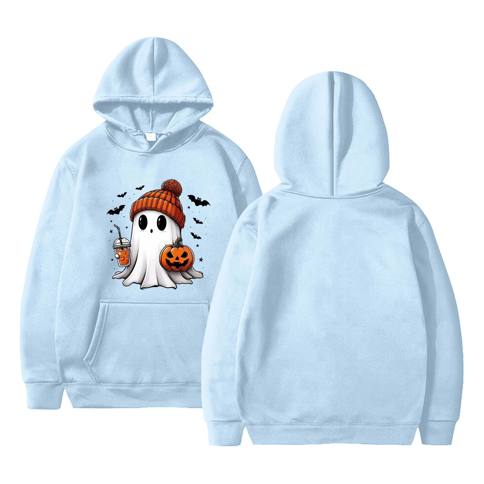 

Женская однотонная толстовка с капюшоном с длинным рукавом и принтом на Хэллоуин XL небесно-голубой