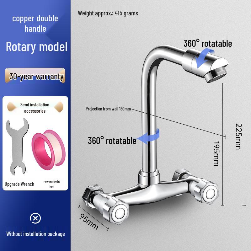 All-Copper Wall-Mounted Double-Hole Faucet for Kitchen and Balcony Sinks with Hot/Cold Mixer