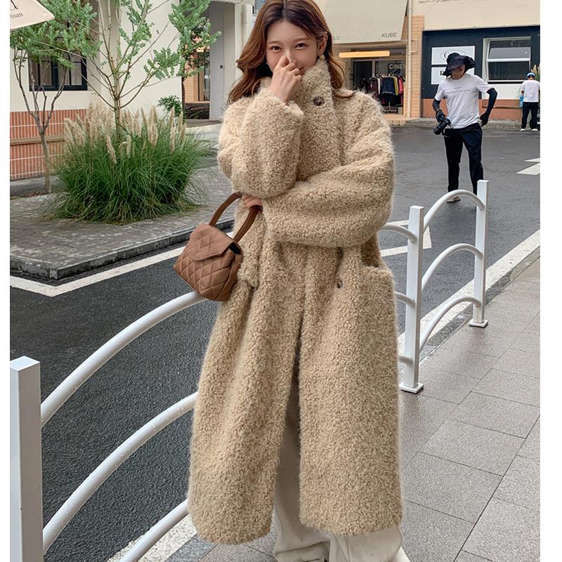 VAYLA New Women Warm Furry Coat Thick Big Collar Fake Lambswool Long Coat Beige Tops For Women Casaco Feminino