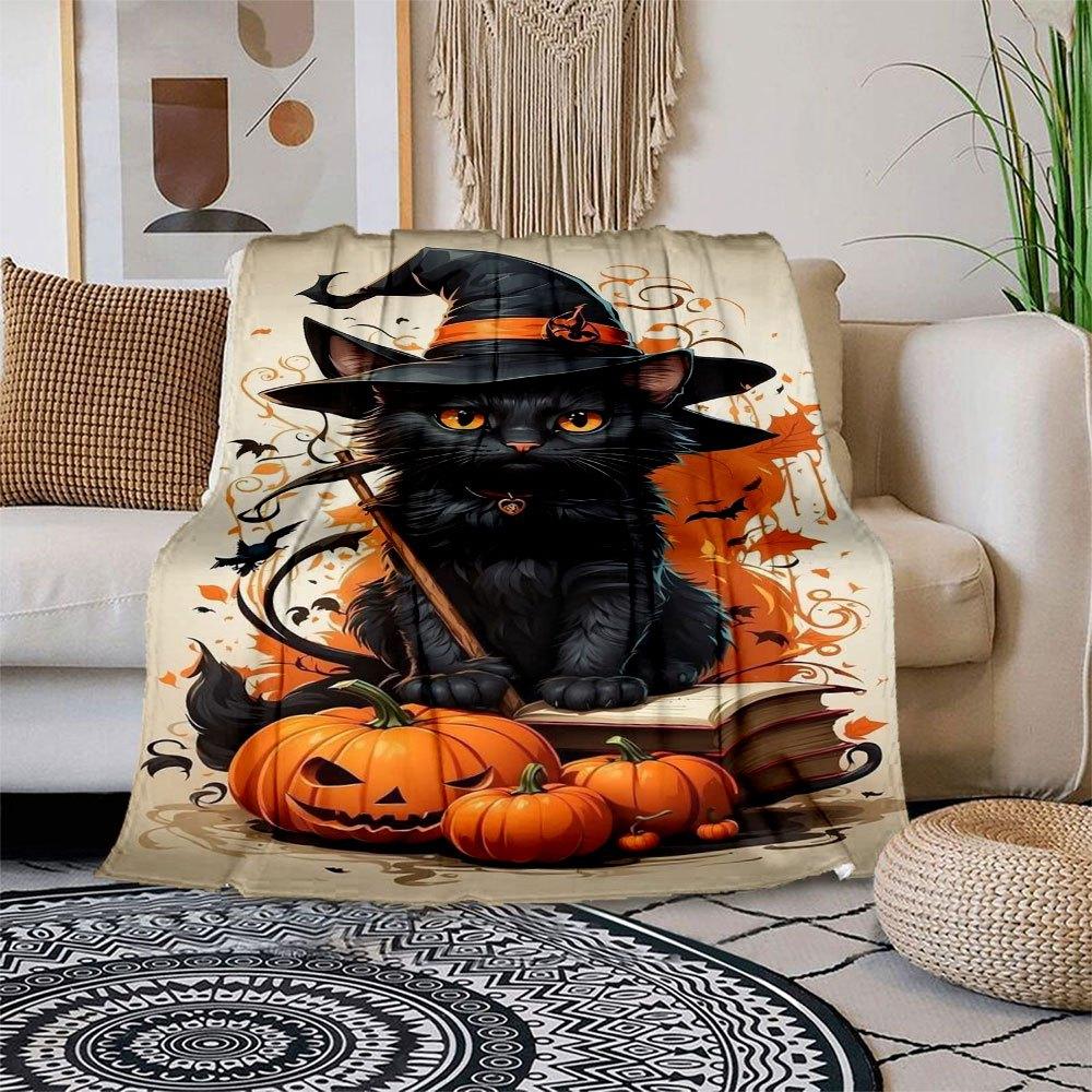 "Halloween Witch Cat Decorations - Spooky Black Cat with Hat"Blanket Flannel Throw Blanket for Sofa, Bed, Travel, Camping, Office