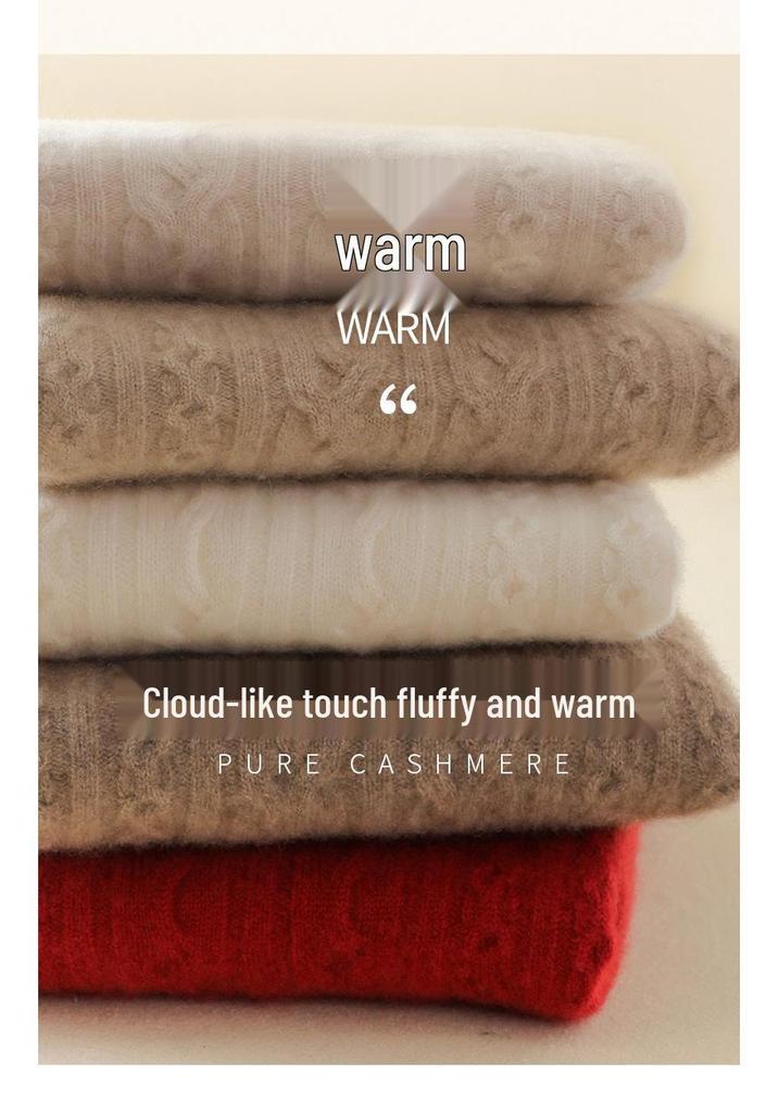 Women's Cashmere Cable Knit Sweater, Half-High Neck, Thick, Slimming, Loose Fit, Warm Base Layer for Autumn and Winter.
