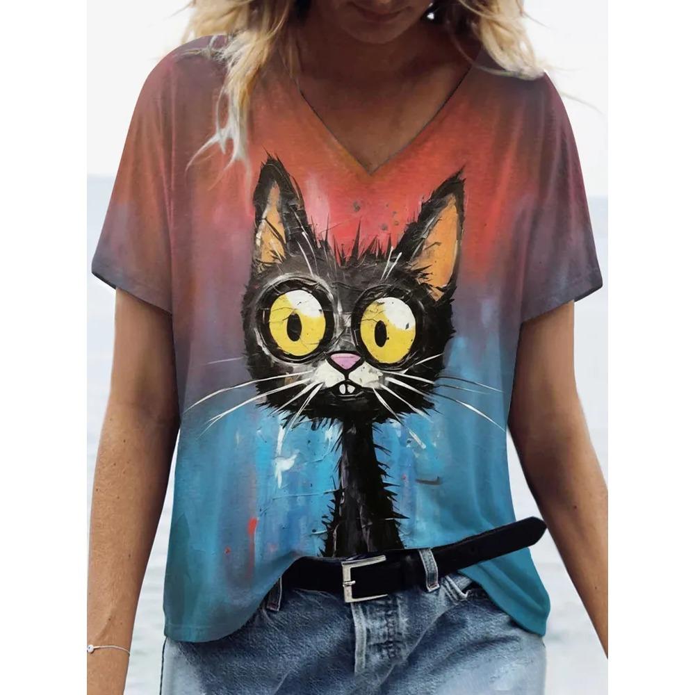 Summer V-neck Funny Cat Pattern 3D Printed Top Fashionable Casual Short Sleeved Women's T-shirts