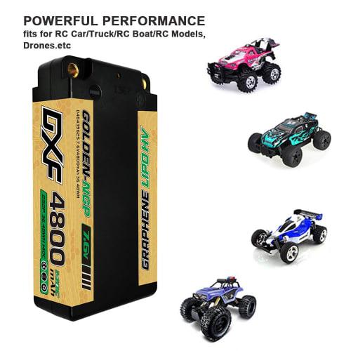 DXF LiPo Battery, 2S Short LiPo 7.6V 140C 4800mAh, Gold HV Hard Case, NGP, with 5mm Ball. Features a T-plug, Perfect for RC Cars, Trucks, Airplanes, a