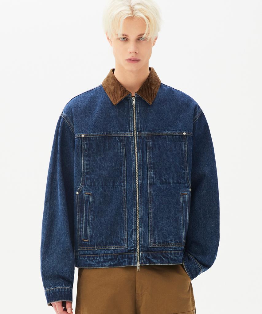 Trillion Corduroy Collar Denim Zip-Up Work Jacket (Middle Blue)