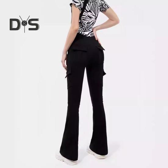 Women Flared Pants Elastic High Waist Wide Leg Casual Trousers with Flap Pockets Solid Color Cargo Pants Daily Wear