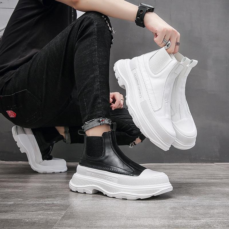 Fashion Men's Best Fashion Leather Boots Autumn New Thick-soled Lightweight High Boots High-top Trend Casual White Shoes Chelsea Boots