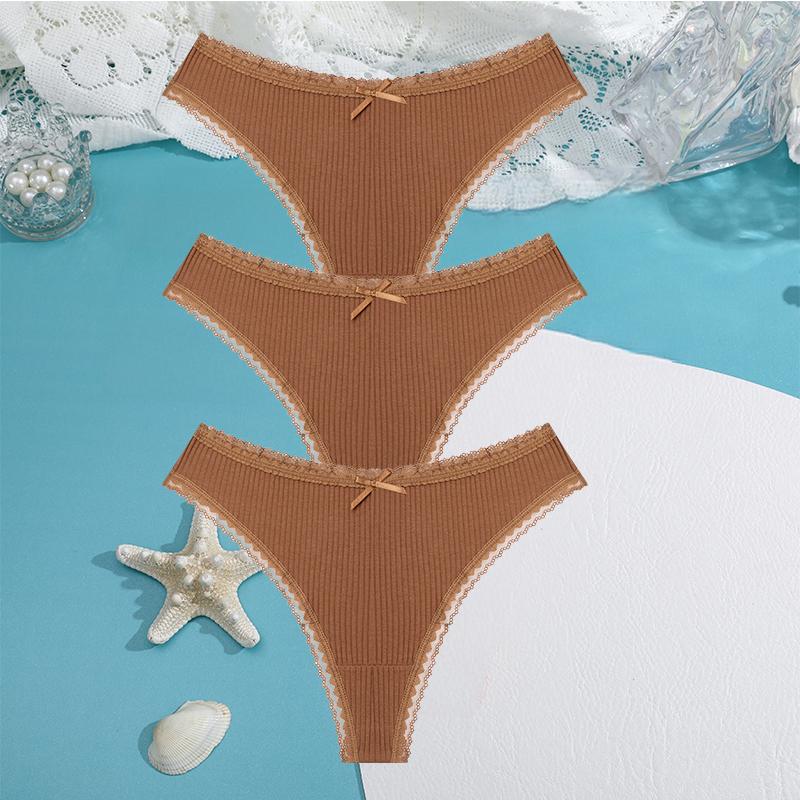 FINETOO 3PCS/Set Women Cotton Panties 5 Solid Color Low Waist Threaded G-string Lingerie Fashion Sexy thongBreathable Underpants