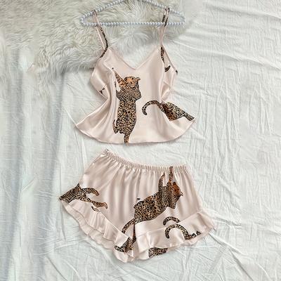 Sexy pyžamo s tenkými ramínky a pyžamové kalhoty, Kreativní dámské pyžamo a župany s leopardím vzorem