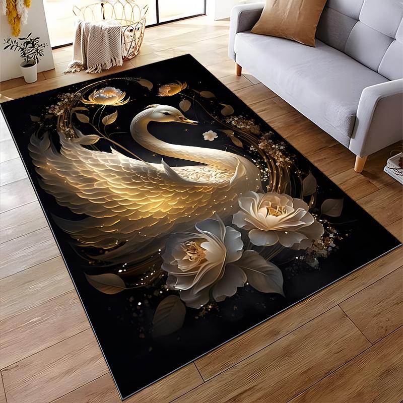 Elegant Swan and Floral Design Carpet with Golden Accent Pattern Suitable for use as an anti-slip for living room bedroom sofas
