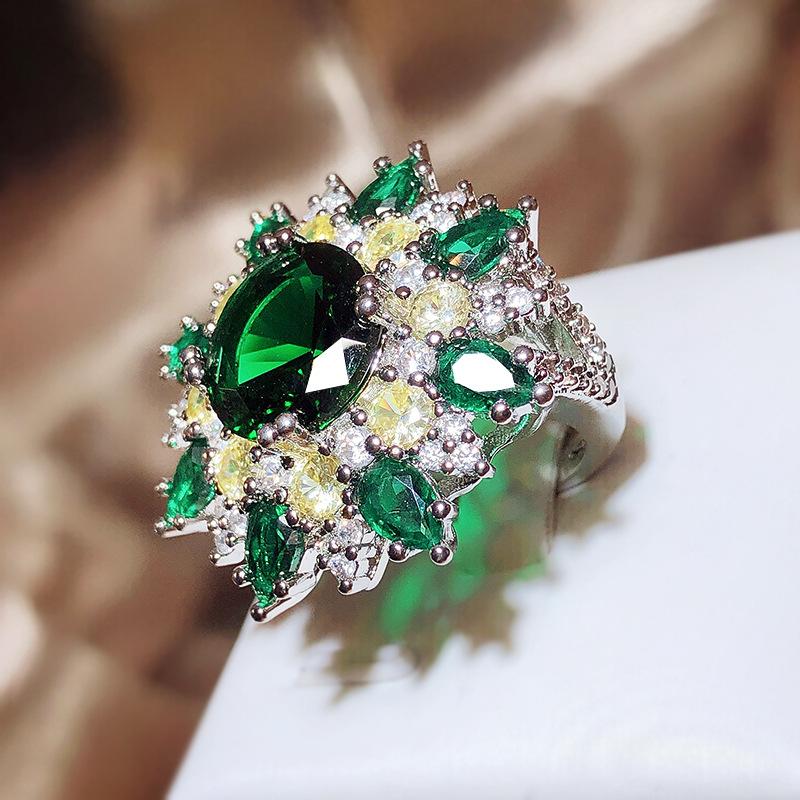 Luxury Inlaid Pave Emerald Rings Engagement Green Zircon Women  Sterling Silver Ring Large Square Stone Crystal Valentine