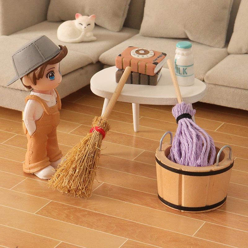 Miniature Dollhouse Broom and Mop Set with Wooden Bucket
