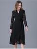 Black Hepburn-Style Patchwork Lace A-Line Dress - Plus Size, Mid-Length, Autumn/Winter Collection