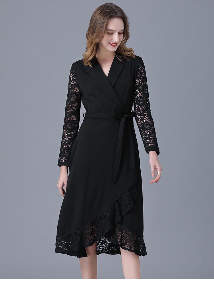 Black Hepburn-Style Patchwork Lace A-Line Dress - Plus Size, Mid-Length, Autumn/Winter Collection