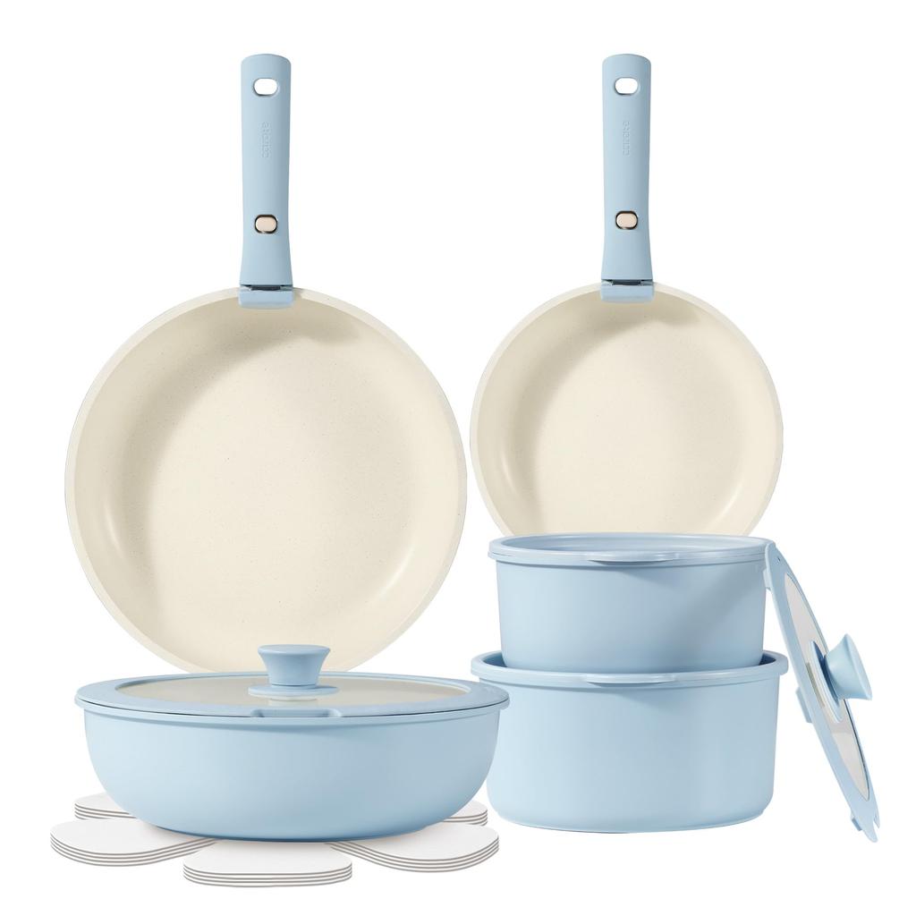 CAROTE Frying Pan Induction and Gas Free of PFOA and Other Harmful Removable Marble Easy To Light Blue 15-Piece Set, Compatible, Substances, 5-Layer